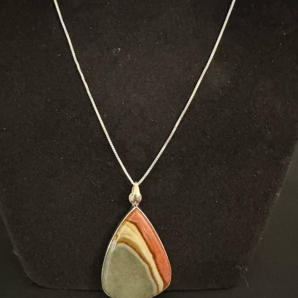 Elegant Multicolor genuine, Jasper Stone Pendant Necklace set in Sterling silver - Picture 3 of 5